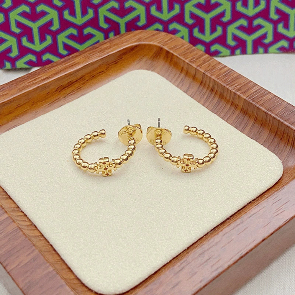 Tory Burch Circle Bamboo Joint Gold Bead Metal Earrings